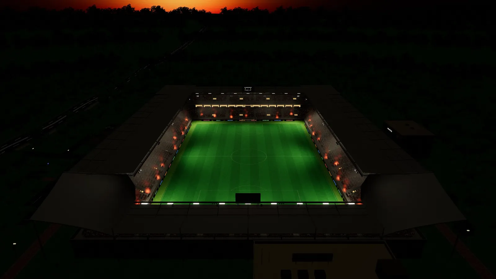 Volles Stadion unter Flutlicht, letztes Abendrot über dem Wald